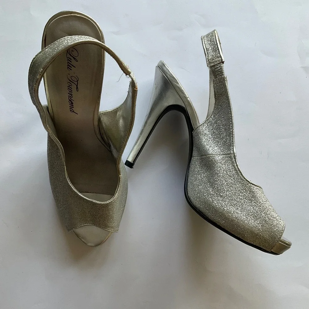 Lulu‎ Townsend Silver Glitter Peep Toe Slingback Platform Pumps Heels Stiletto 7